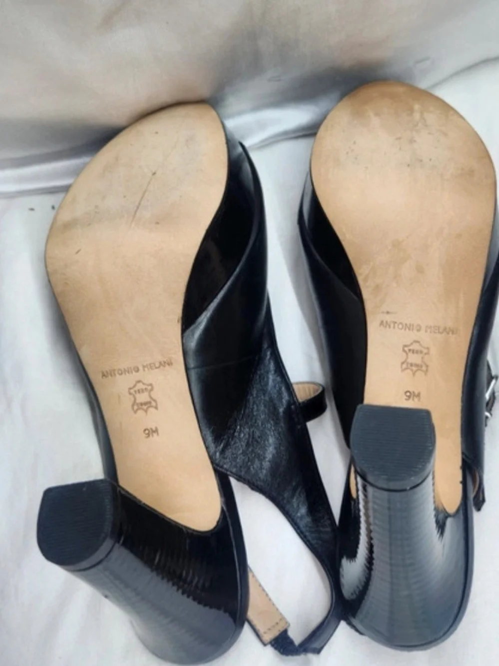 ANTONIO MELANI Black Peep-Toe Slingback Heels with Strap
